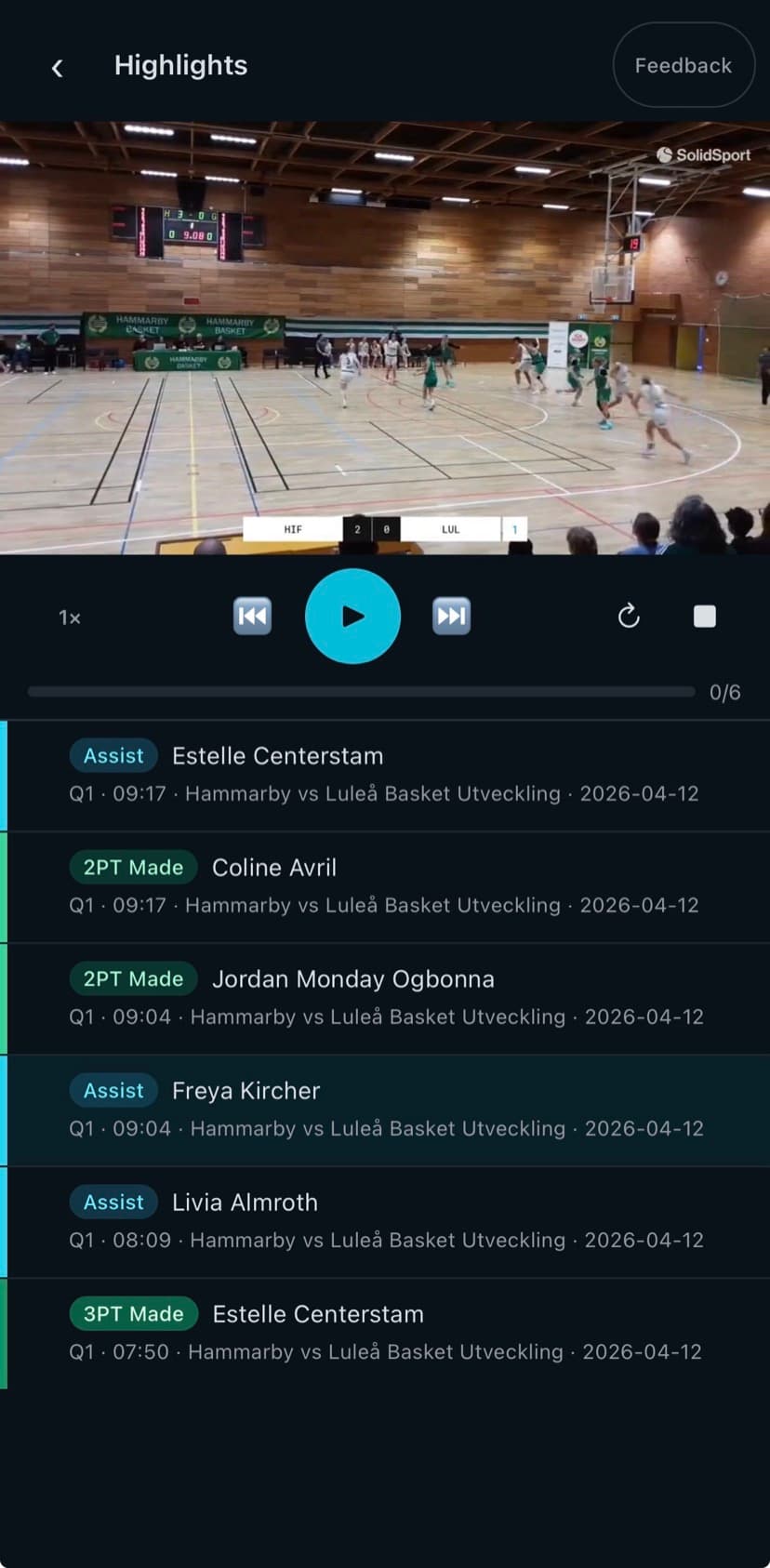 Scoutable mobile app playing a highlights playlist, clip-by-clip event list below the video