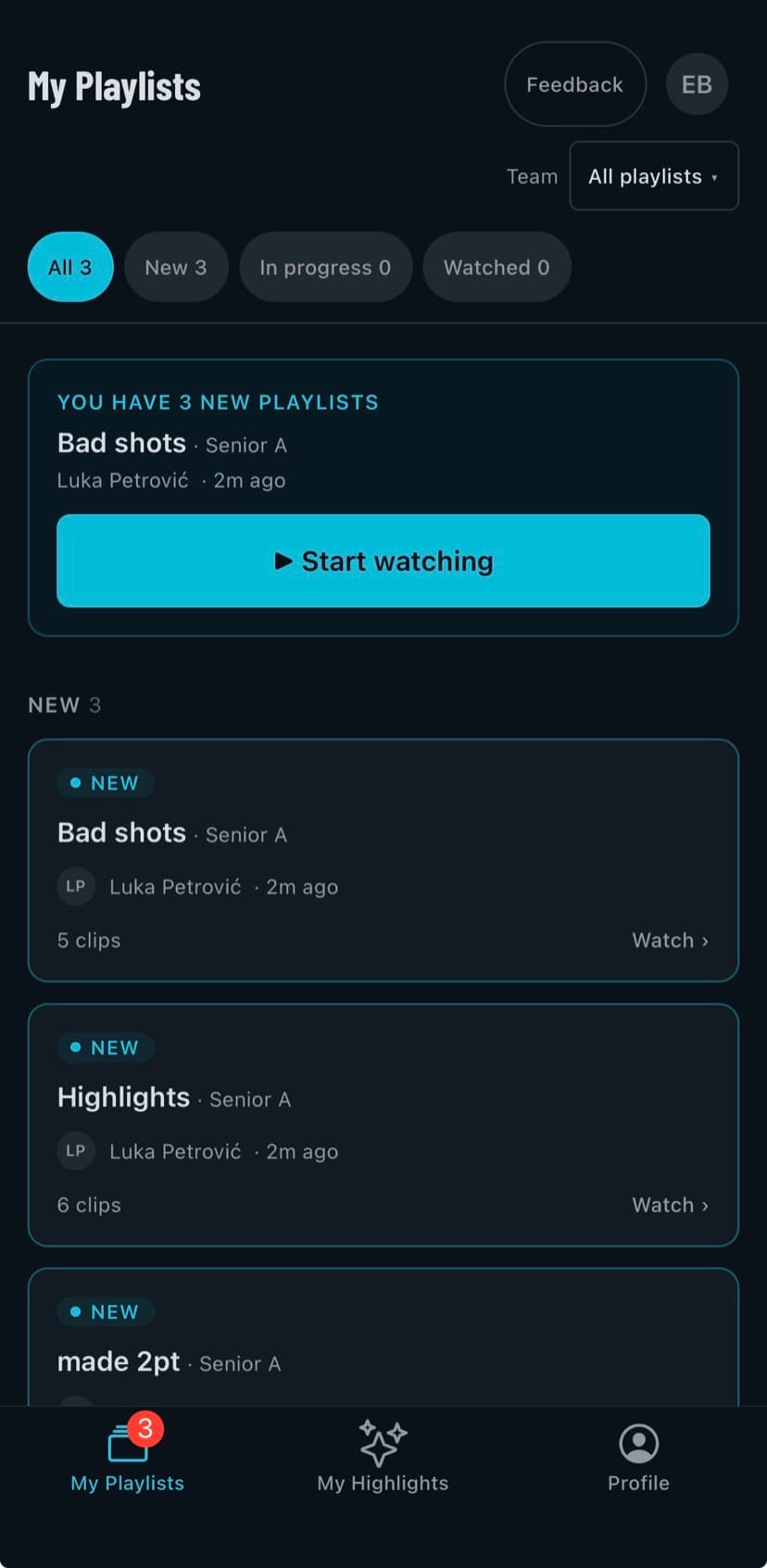 Scoutable mobile app: new playlists shared by the coach, ready to watch