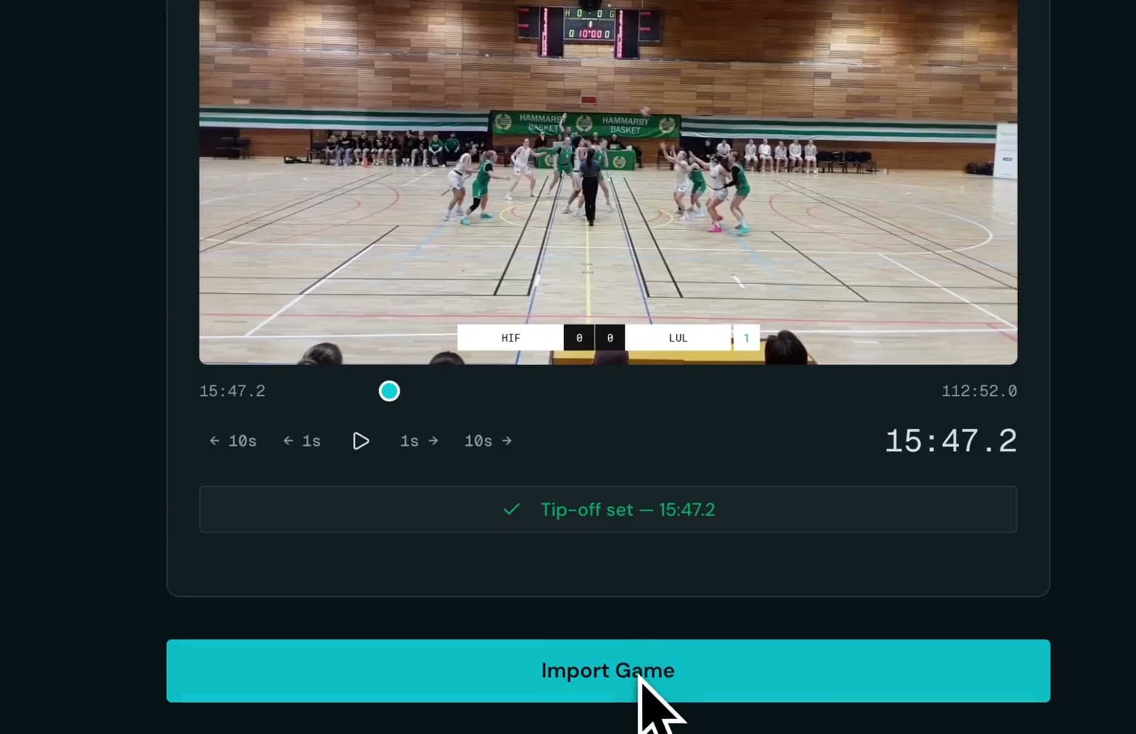 A game is imported and Scoutable generates the full clip list — every event named and timestamped, ready to select