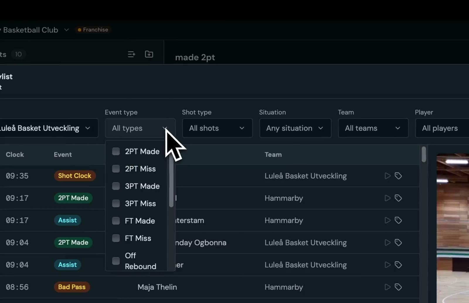 Filtering clips by player, event type and quarter — the clip list narrows instantly