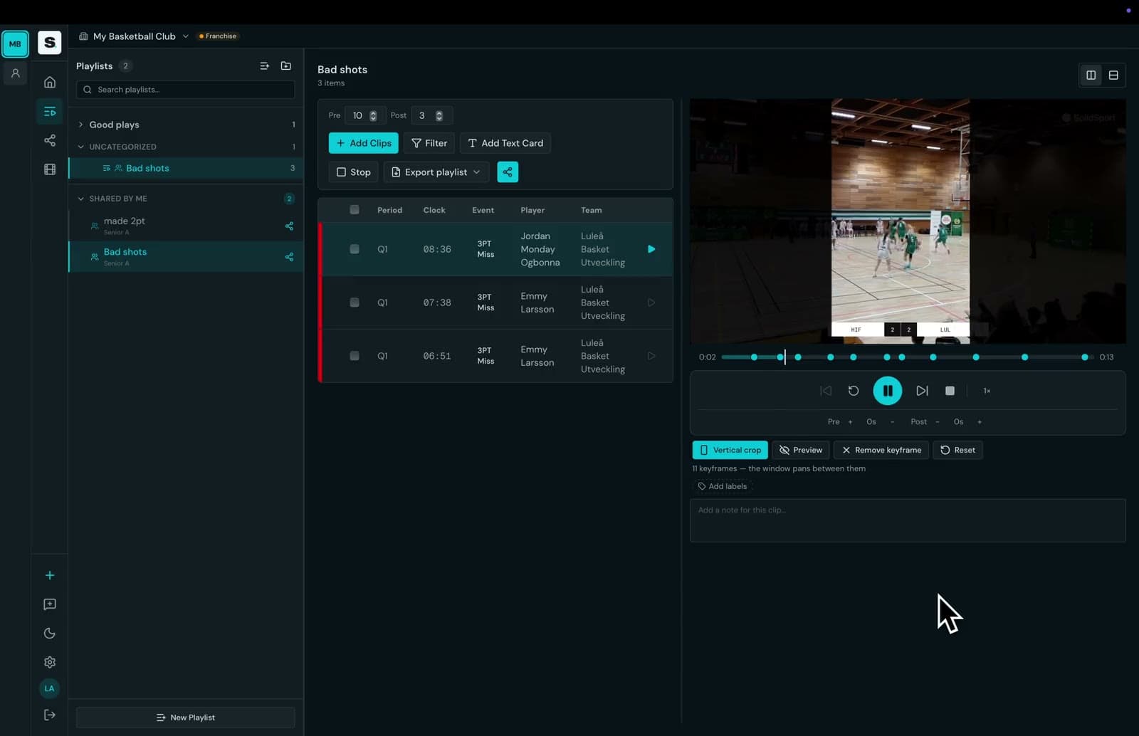 Scoutable desktop app cropping a game clip to vertical: a 9:16 window pans across the court following the play, keyframes marked on the clip timeline