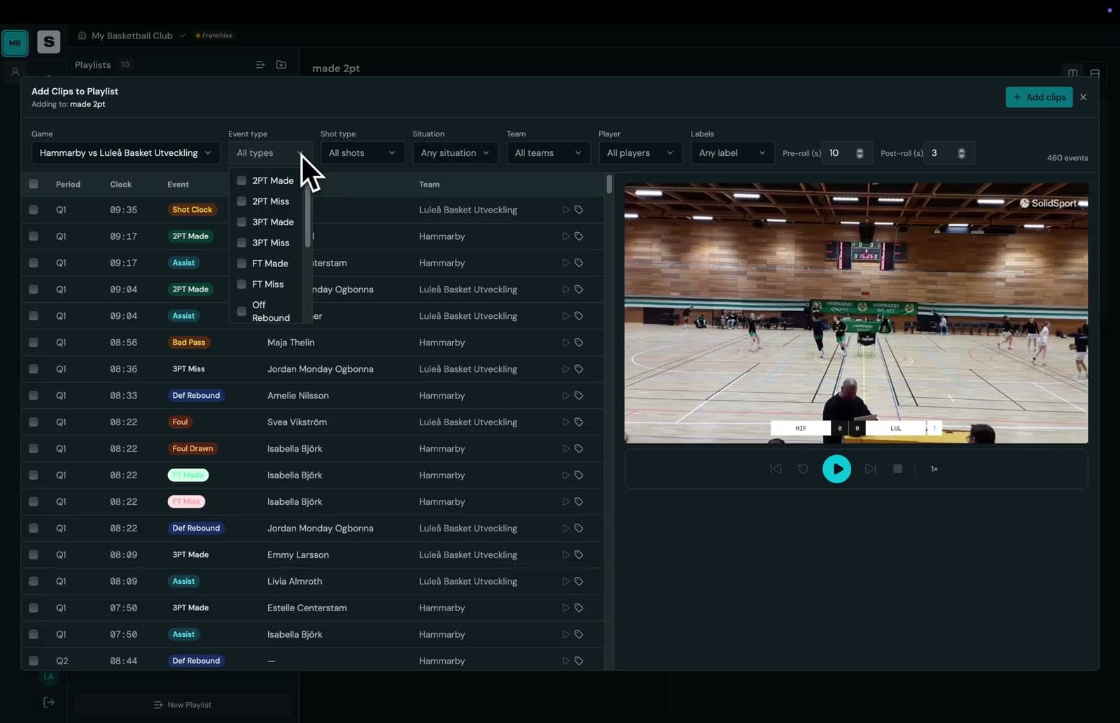 Scoutable desktop app: a game MP4 is imported and automatically broken into named, timestamped clips beside the video player