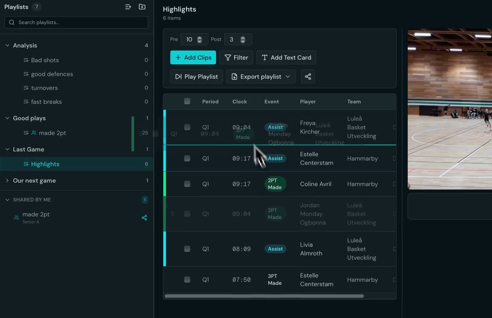Dragging clips into order in a scouting playlist