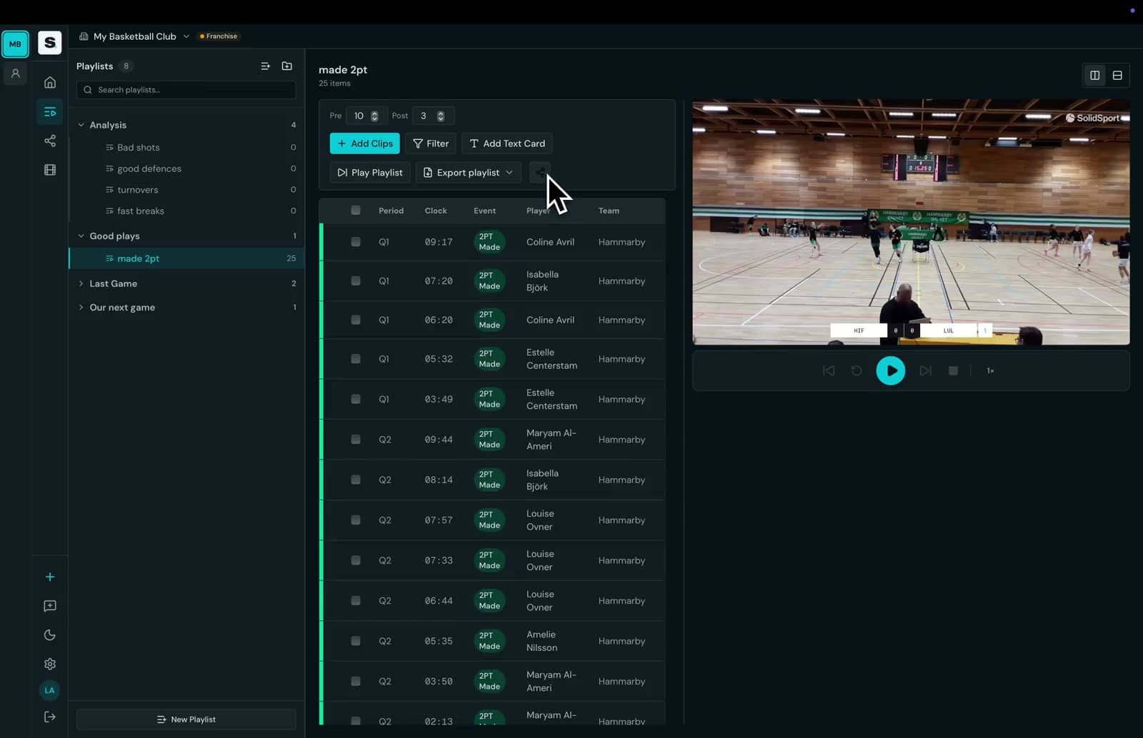 Sharing a playlist to a team — pick the team, hit Done, every player has it